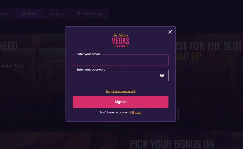 Vegas Now Login Form