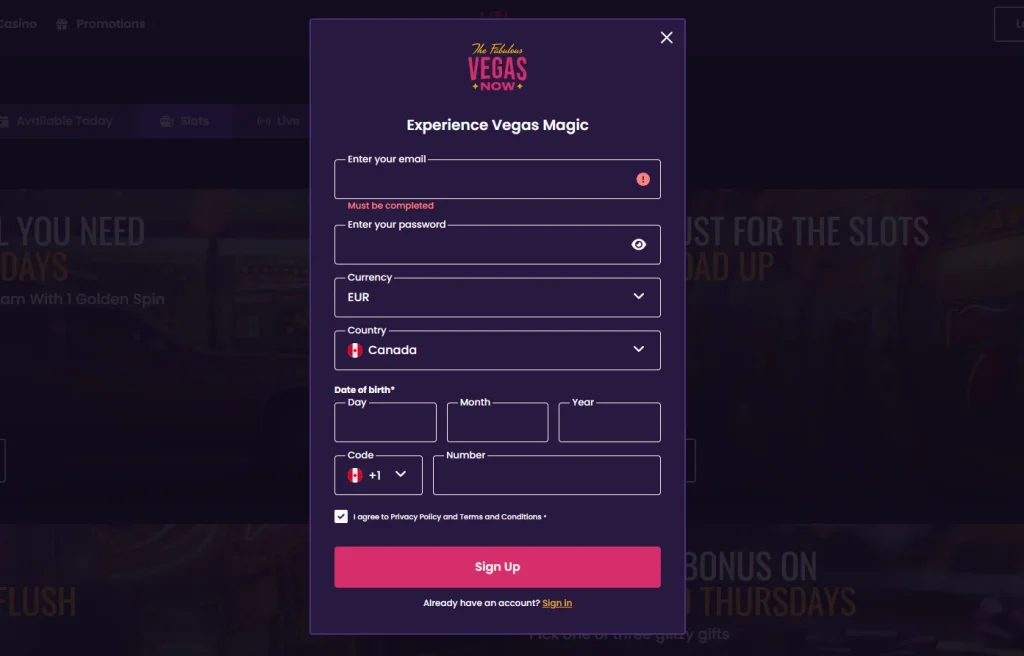 Vegas Now Sign Up